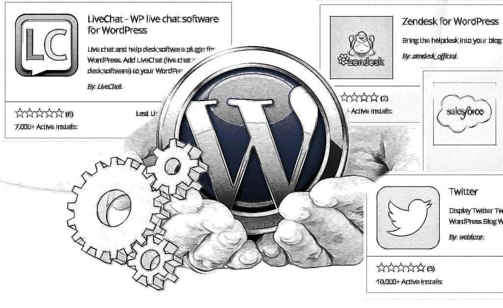 WordPress API Development. WordPress logo in cupped hands with cogs and 3rd Party Services panels