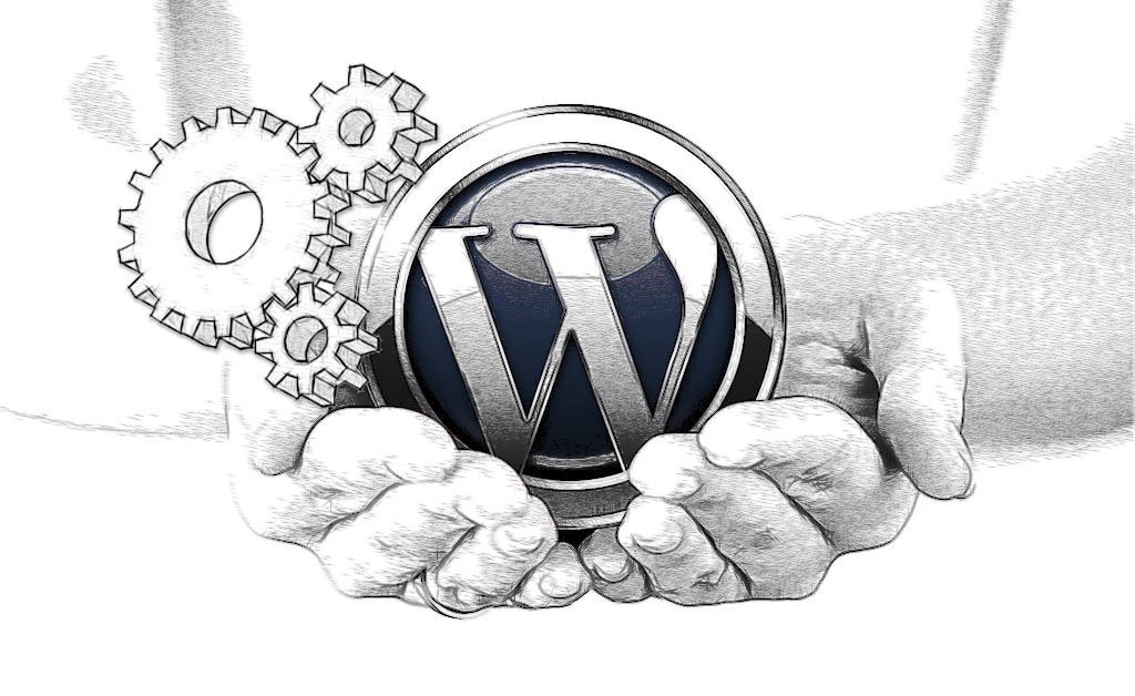 WordPress Development. WordPress logo in cupped hands with 3 dimensional cogs