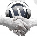 Companies using Wordpress are finding it is good for business. WordPress logo with handshake.