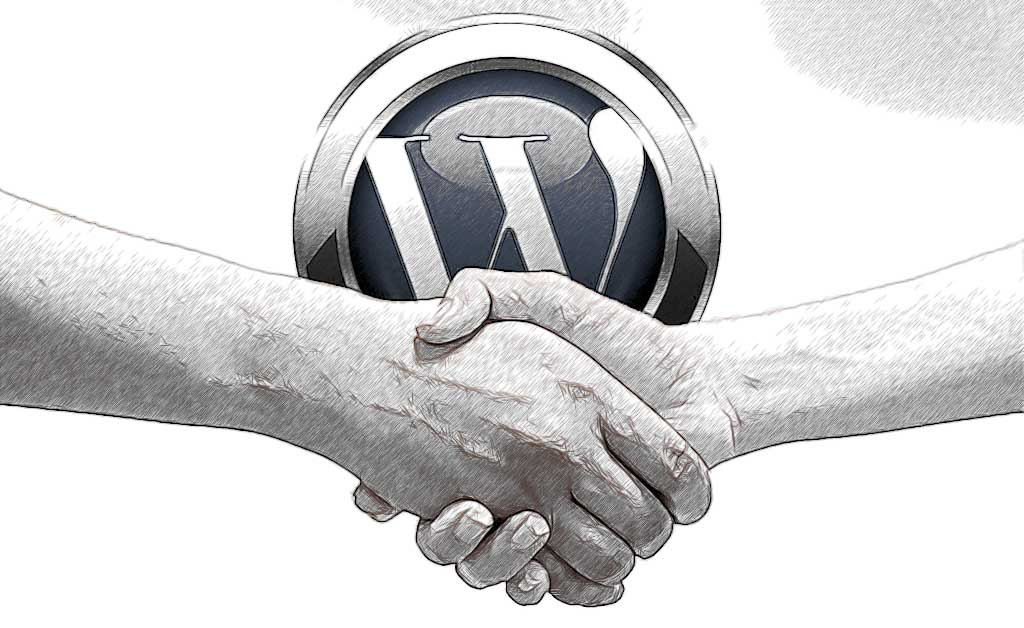 Companies using WordPress are finding it is good for business. WordPress logo with handshake.